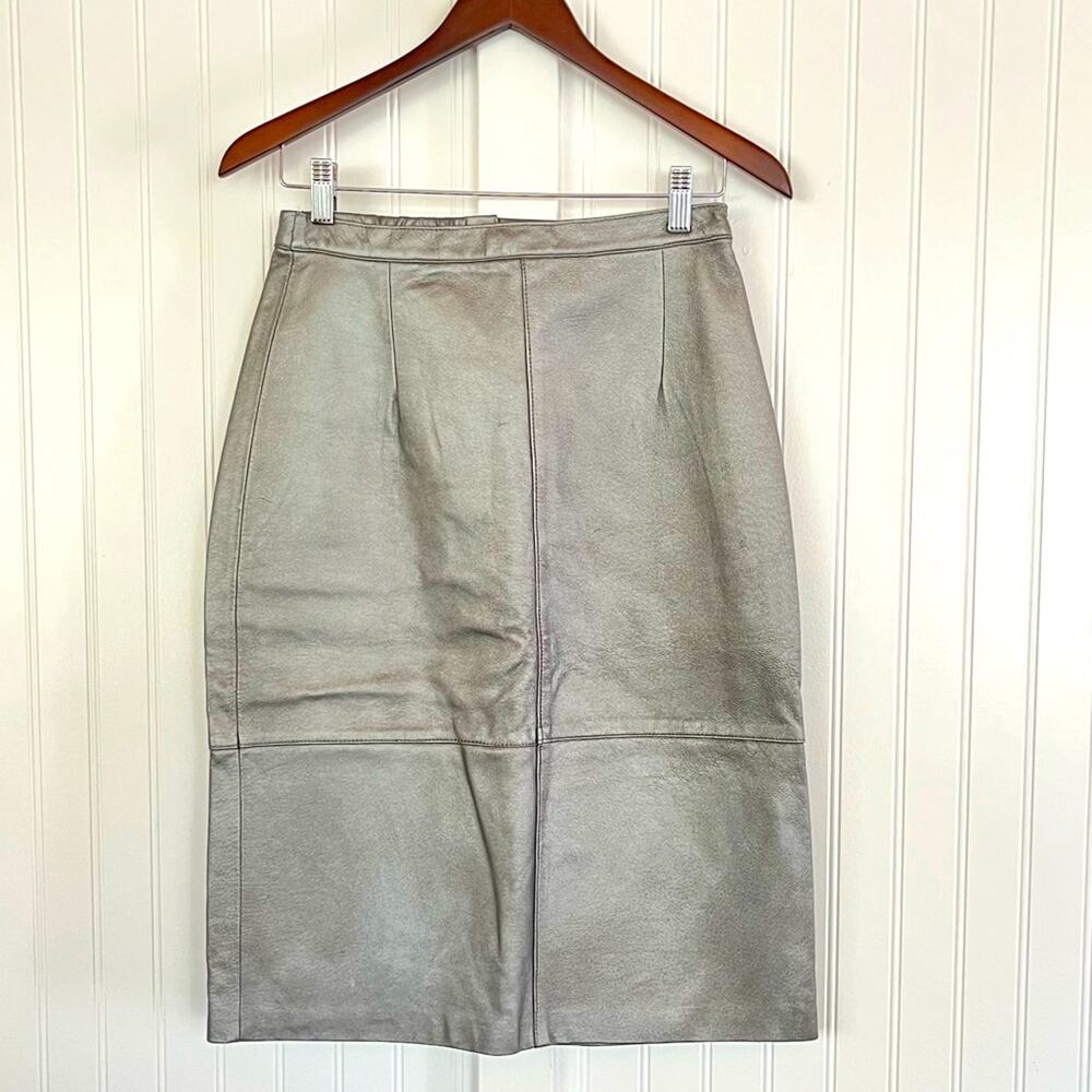 Vintage 80s 90s Metallic Silver Leather Skirt Panel Pencil Midi Length Size 6